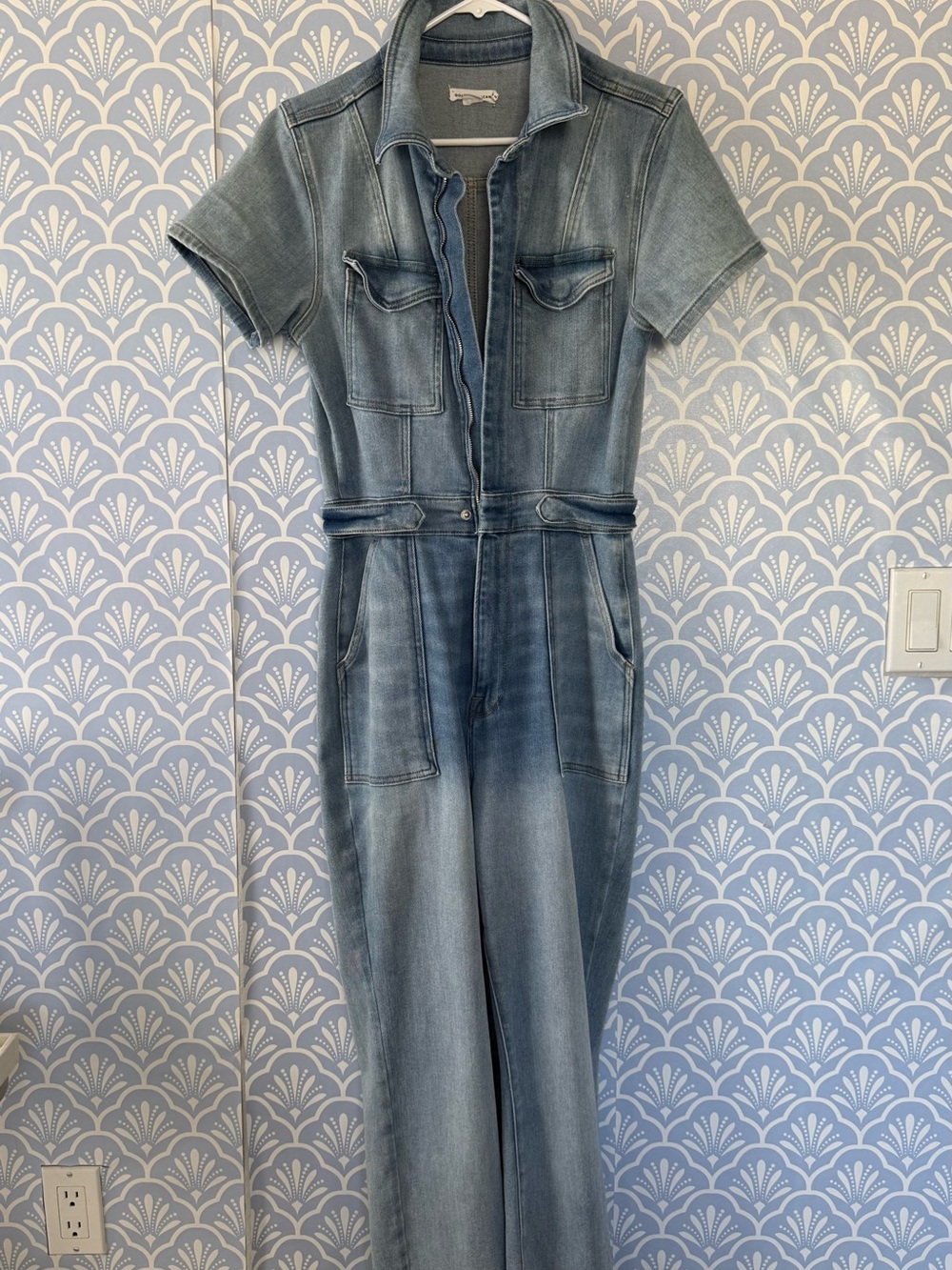 Good American Light Blue Denim Short-Sleeve One-Piece Jumpsuit